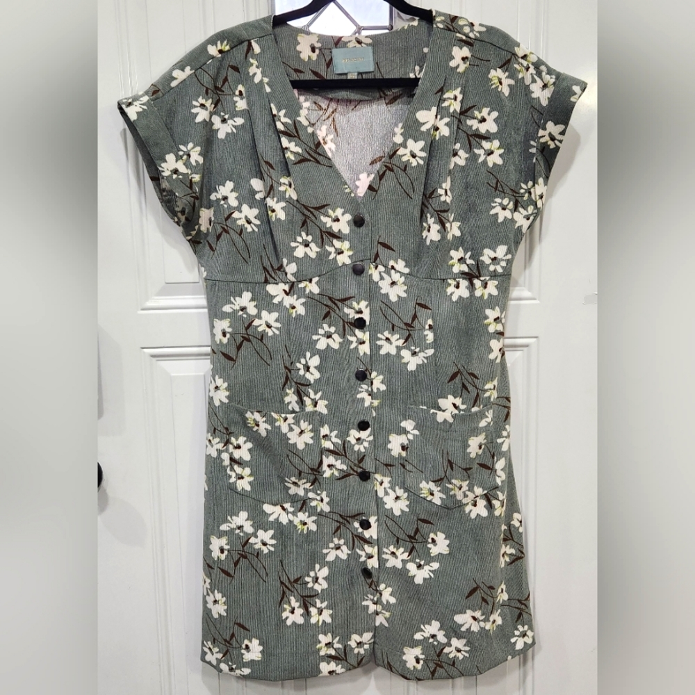 Anthropologie Skies are blue green corduroy floral dress women's size La…